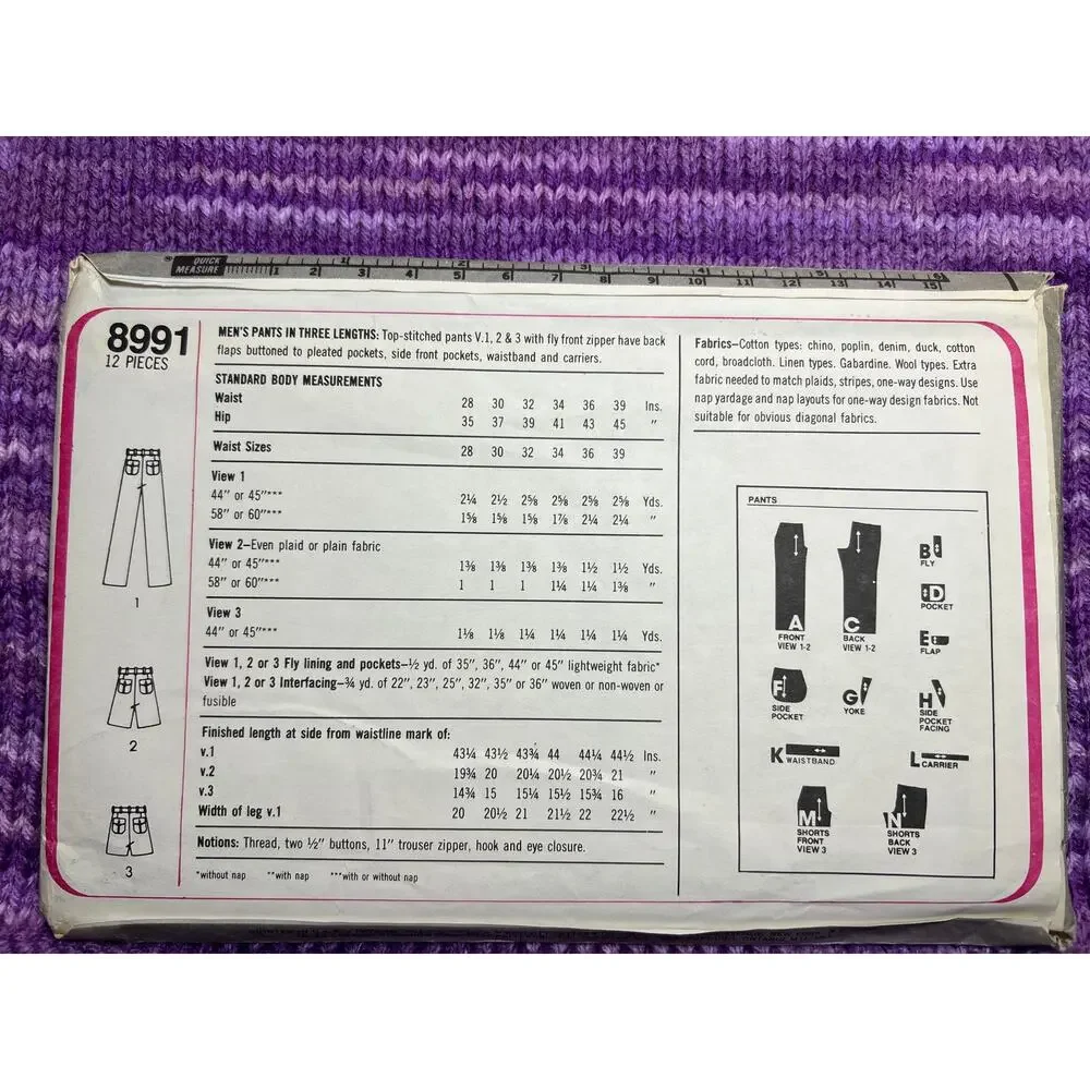 Simplicity 8991 sewing pattern Mesn pants shorts 1970s size 39